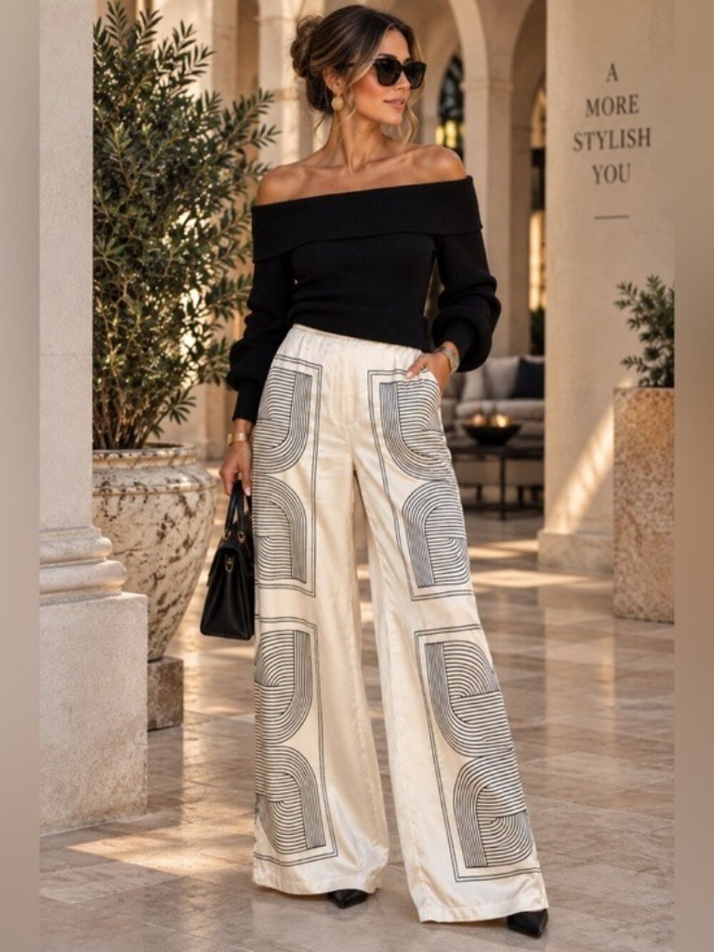 MICAS Beige Geometric Satin Wide Leg Pants XS Art Deco Avant Garde NWT